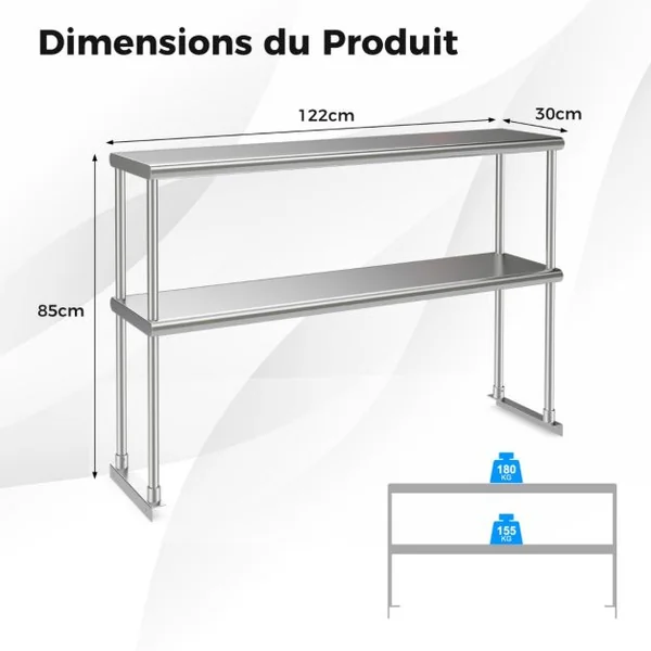 Étagère Supplémentaires pour Table de Travail Cuisine Acier Inoxydable Hauteur Réglable Étagère 2 Niveau 122CM de Long