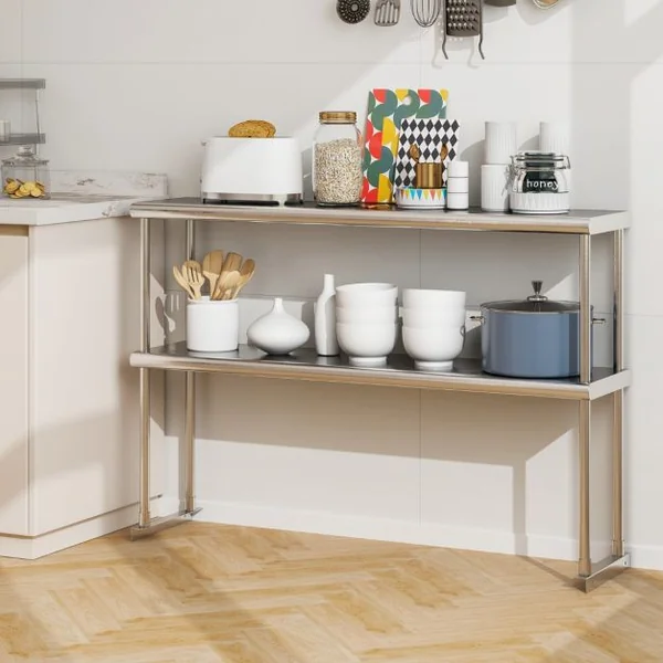 Étagère Supplémentaires pour Table de Travail Cuisine Acier Inoxydable Hauteur Réglable Étagère 2 Niveau 122CM de Long