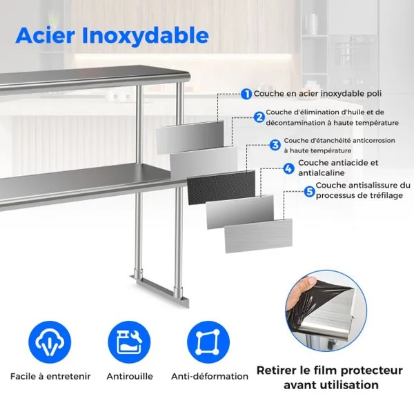 Étagère Supplémentaires pour Table de Travail Cuisine Acier Inoxydable Hauteur Réglable Étagère 2 Niveau 122CM de Long