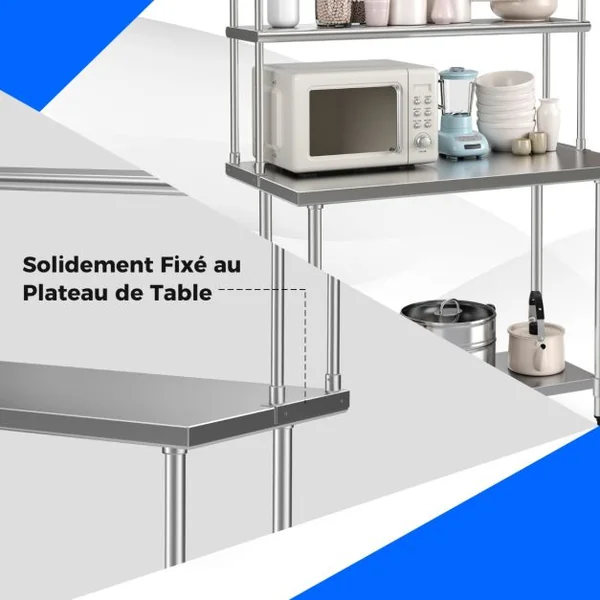 Étagère Supplémentaires pour Table de Travail Cuisine Acier Inoxydable Hauteur Réglable Étagère 2 Niveau 122CM de Long