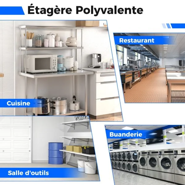 Étagère Supplémentaires pour Table de Travail Cuisine Acier Inoxydable Hauteur Réglable Étagère 2 Niveau 122CM de Long
