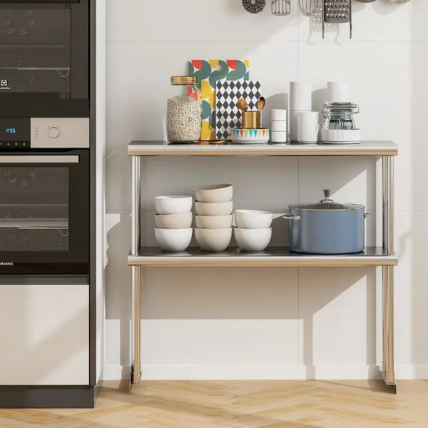 Étagère Supplémentaires pour Table de Travail Cuisine Acier Inoxydable Hauteur Réglable Étagère à 2 Niveau 92CM de Long