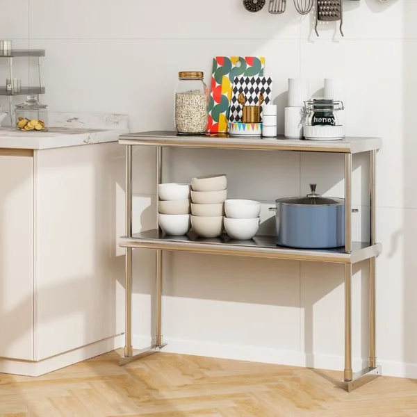 Étagère Supplémentaires pour Table de Travail Cuisine Acier Inoxydable Hauteur Réglable Étagère à 2 Niveau 92CM de Long