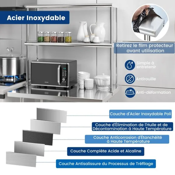 Étagère Supplémentaires pour Table de Travail Cuisine Acier Inoxydable Hauteur Réglable Étagère à 2 Niveau 92CM de Long