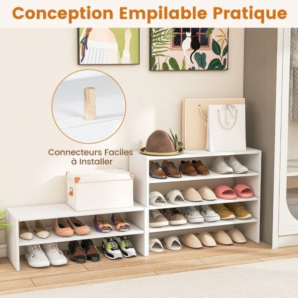 Étagère à Chaussures 3 Pièces Meuble de Rangement à 2 Niveaux sur Pied Idéal pour l'Entrée Couloir Salle de Bain Salon Blanc