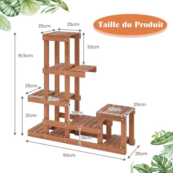 Étagère à Fleurs en Bois Étagère Echelle pour Plantes Porte Plante à 6 Tablettes Résistant aux Intempéries Jardin Balcon