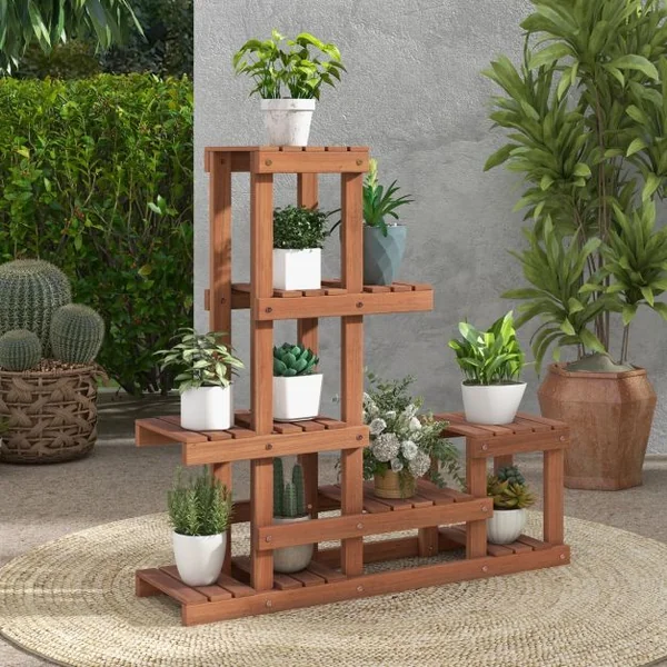 Étagère à Fleurs en Bois Étagère Echelle pour Plantes Porte Plante à 6 Tablettes Résistant aux Intempéries Jardin Balcon