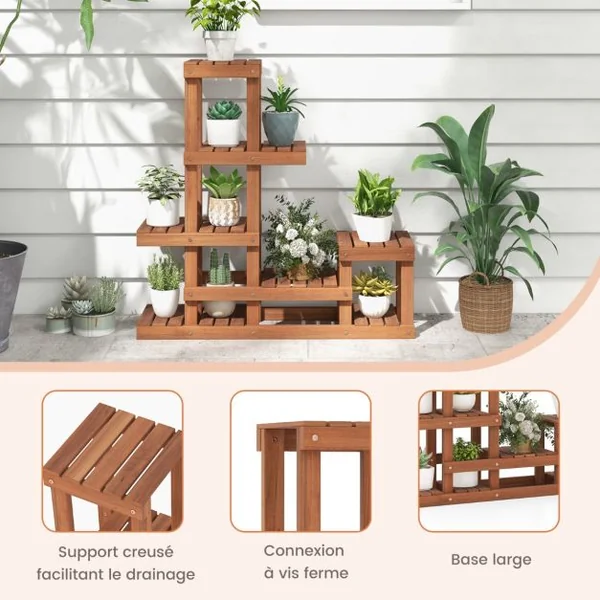 Étagère à Fleurs en Bois Étagère Echelle pour Plantes Porte Plante à 6 Tablettes Résistant aux Intempéries Jardin Balcon