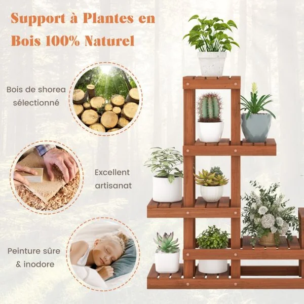 Étagère à Fleurs en Bois Étagère Echelle pour Plantes Porte Plante à 6 Tablettes Résistant aux Intempéries Jardin Balcon