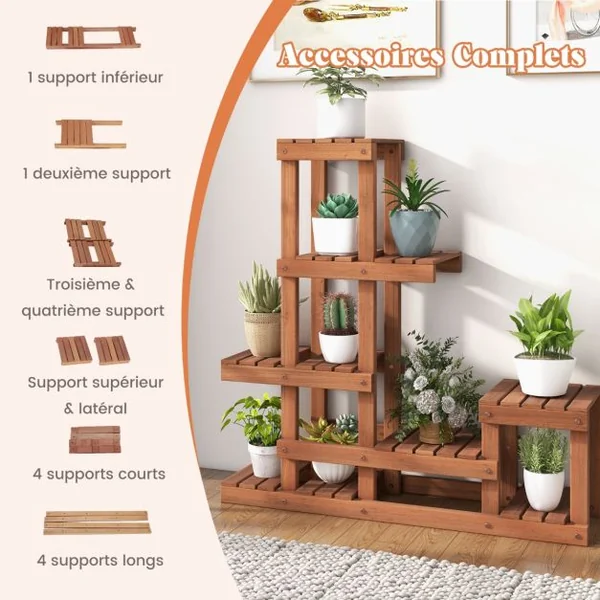 Étagère à Fleurs en Bois Étagère Echelle pour Plantes Porte Plante à 6 Tablettes Résistant aux Intempéries Jardin Balcon