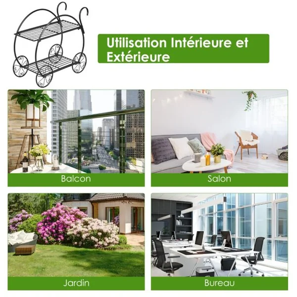 Étagère à Fleurs Fer Forgé à 2 Niveaux 34x66x62,5CM Étagère pour Plantes avec 4 Roues Décoratives pour Balcon Jardin Cour