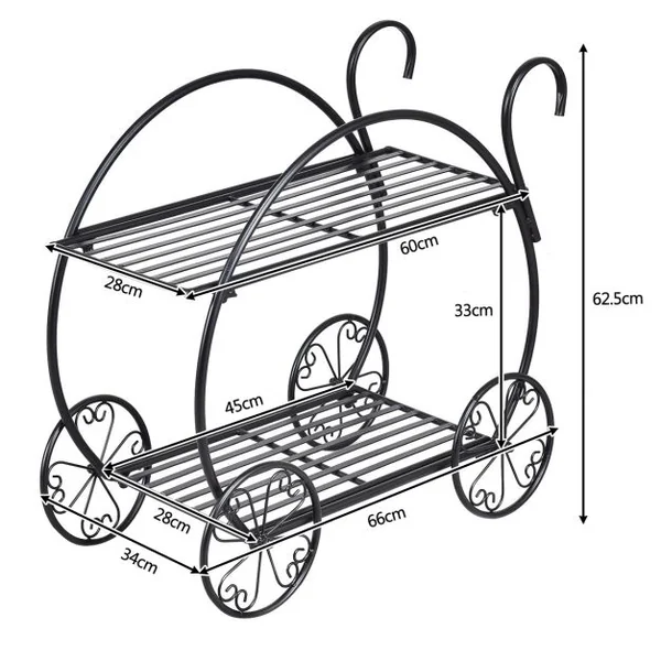 Étagère à Fleurs Fer Forgé à 2 Niveaux 34x66x62,5CM Étagère pour Plantes avec 4 Roues Décoratives pour Balcon Jardin Cour