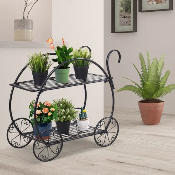 Étagère à Fleurs Fer Forgé à 2 Niveaux 34x66x62,5CM Étagère pour Plantes avec 4 Roues Décoratives pour Balcon Jardin Cour