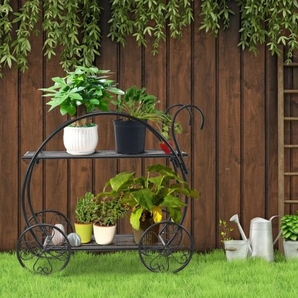 Étagère à Fleurs Fer Forgé à 2 Niveaux 34x66x62,5CM Étagère pour Plantes avec 4 Roues Décoratives pour Balcon Jardin Cour