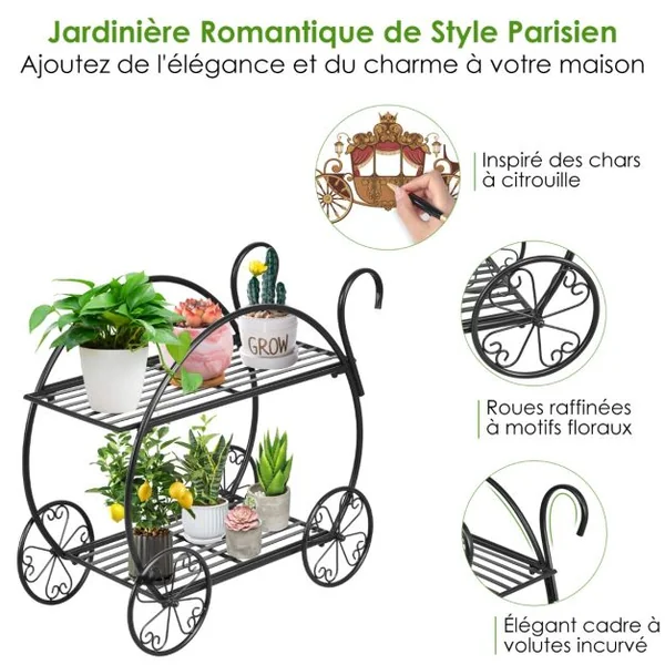 Étagère à Fleurs Fer Forgé à 2 Niveaux 34x66x62,5CM Étagère pour Plantes avec 4 Roues Décoratives pour Balcon Jardin Cour