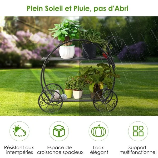 Étagère à Fleurs Fer Forgé à 2 Niveaux 34x66x62,5CM Étagère pour Plantes avec 4 Roues Décoratives pour Balcon Jardin Cour