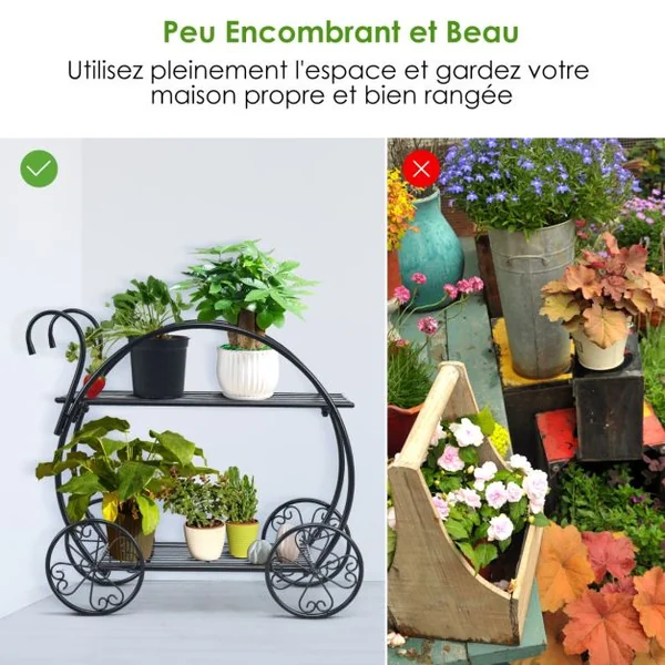 Étagère à Fleurs Fer Forgé à 2 Niveaux 34x66x62,5CM Étagère pour Plantes avec 4 Roues Décoratives pour Balcon Jardin Cour