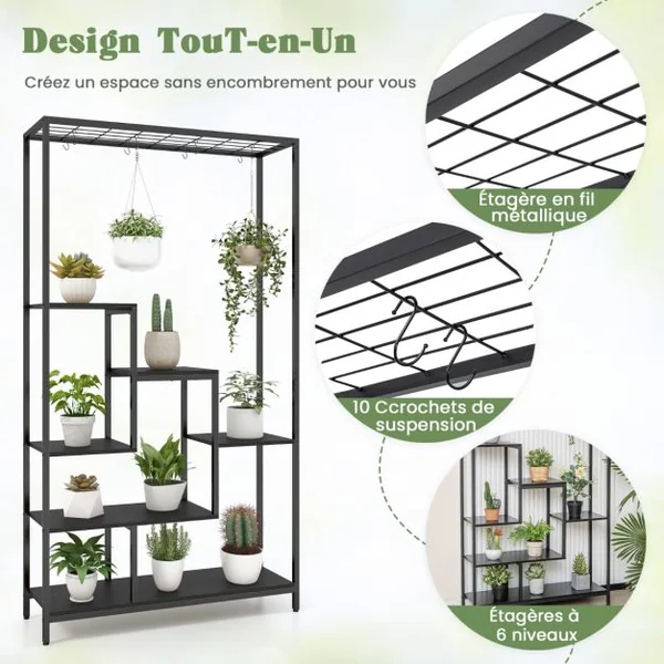 Étagère à Fleurs Porte Plantes en Métal 10 Crochets Pieds Réglables Dispositif Anti-basculement Style Industriel Café/Noir