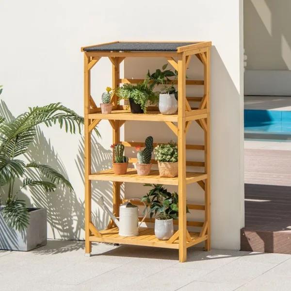 Étagère à Fleurs à 3 Niveaux en Bois de Sapin avec Toit en Asphalte 70x49x137cm Étagère de Rangement Extérieur Naturel