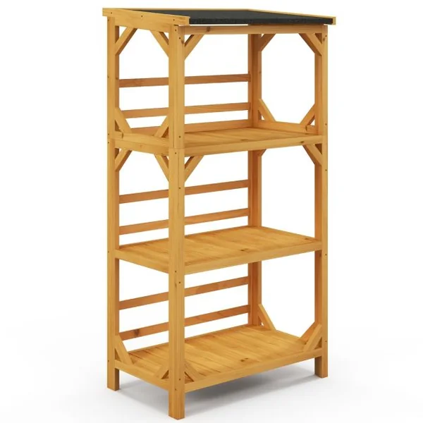 Étagère à Fleurs à 3 Niveaux en Bois de Sapin avec Toit en Asphalte 70x49x137cm Étagère de Rangement Extérieur Naturel