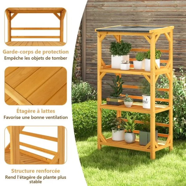 Étagère à Fleurs à 3 Niveaux en Bois de Sapin avec Toit en Asphalte 70x49x137cm Étagère de Rangement Extérieur Naturel