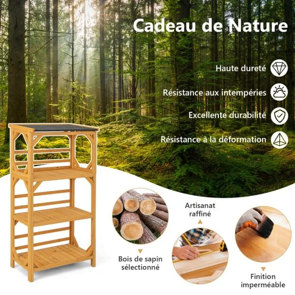 Étagère à Fleurs à 3 Niveaux en Bois de Sapin avec Toit en Asphalte 70x49x137cm Étagère de Rangement Extérieur Naturel