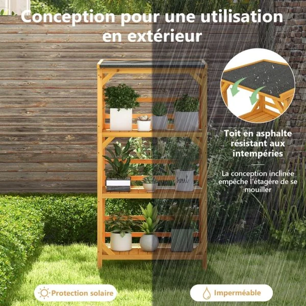 Étagère à Fleurs à 3 Niveaux en Bois de Sapin avec Toit en Asphalte 70x49x137cm Étagère de Rangement Extérieur Naturel