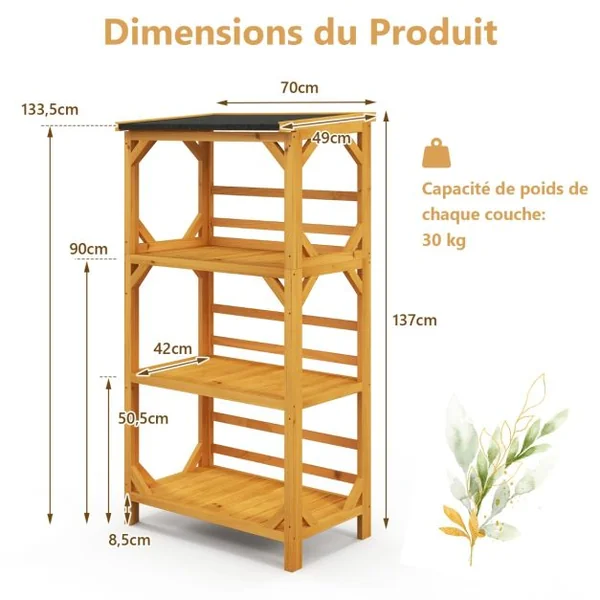 Étagère à Fleurs à 3 Niveaux en Bois de Sapin avec Toit en Asphalte 70x49x137cm Étagère de Rangement Extérieur Naturel