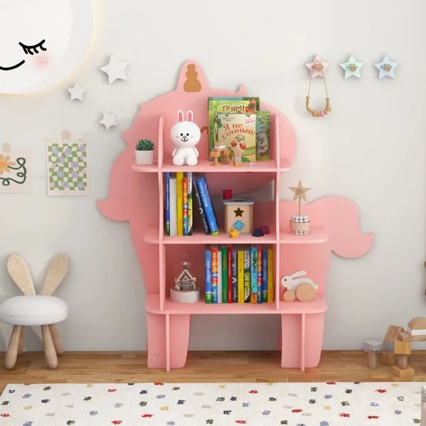 Étagère à Livres à 3 Niveaux en Forme Unicorne avec Étagères Ouvertes Bibliothèque avec Dispositif Anti-Basculement pour 3-12 Ans Rose
