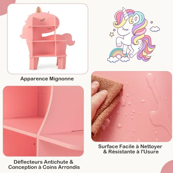 Étagère à Livres à 3 Niveaux en Forme Unicorne avec Étagères Ouvertes Bibliothèque avec Dispositif Anti-Basculement pour 3-12 Ans Rose