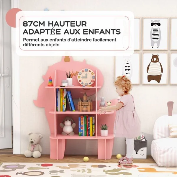 Étagère à Livres à 3 Niveaux en Forme Unicorne avec Étagères Ouvertes Bibliothèque avec Dispositif Anti-Basculement pour 3-12 Ans Rose