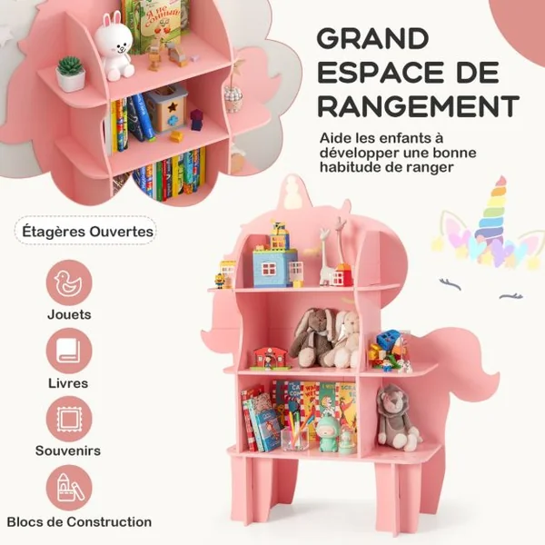 Étagère à Livres à 3 Niveaux en Forme Unicorne avec Étagères Ouvertes Bibliothèque avec Dispositif Anti-Basculement pour 3-12 Ans Rose