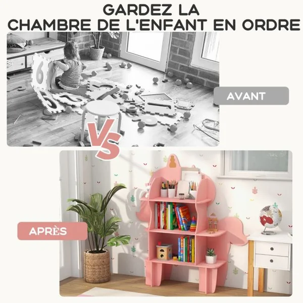 Étagère à Livres à 3 Niveaux en Forme Unicorne avec Étagères Ouvertes Bibliothèque avec Dispositif Anti-Basculement pour 3-12 Ans Rose