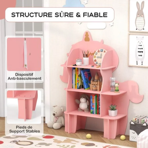 Étagère à Livres à 3 Niveaux en Forme Unicorne avec Étagères Ouvertes Bibliothèque avec Dispositif Anti-Basculement pour 3-12 Ans Rose