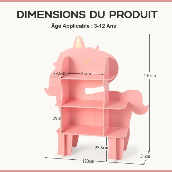 Étagère à Livres à 3 Niveaux en Forme Unicorne avec Étagères Ouvertes Bibliothèque avec Dispositif Anti-Basculement pour 3-12 Ans Rose