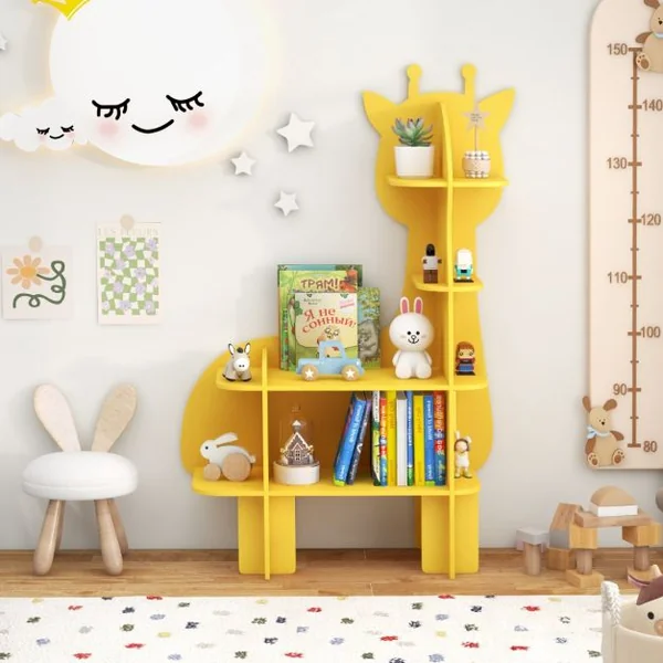 Étagère à Livres à 4 Niveaux en Forme Girafe avec Étagères Ouvertes Bibliothèque avec Dispositif Anti-Basculement pour 3-12 Ans Jaune