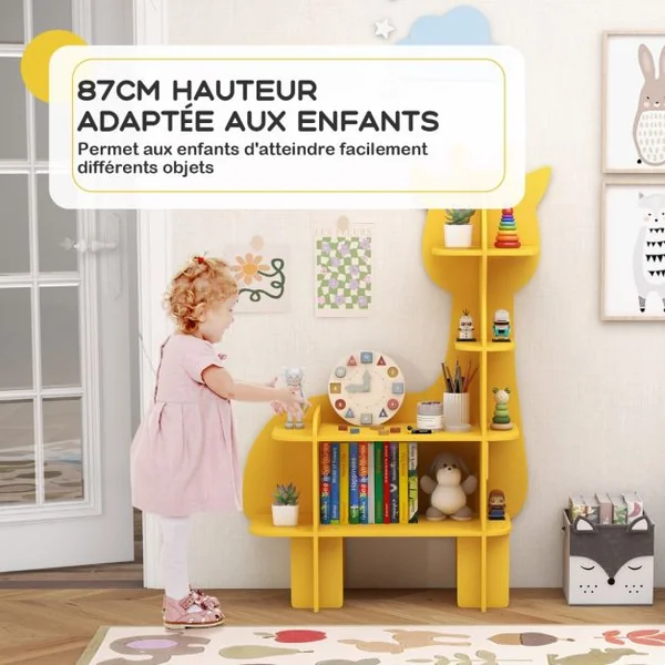 Étagère à Livres à 4 Niveaux en Forme Girafe avec Étagères Ouvertes Bibliothèque avec Dispositif Anti-Basculement pour 3-12 Ans Jaune