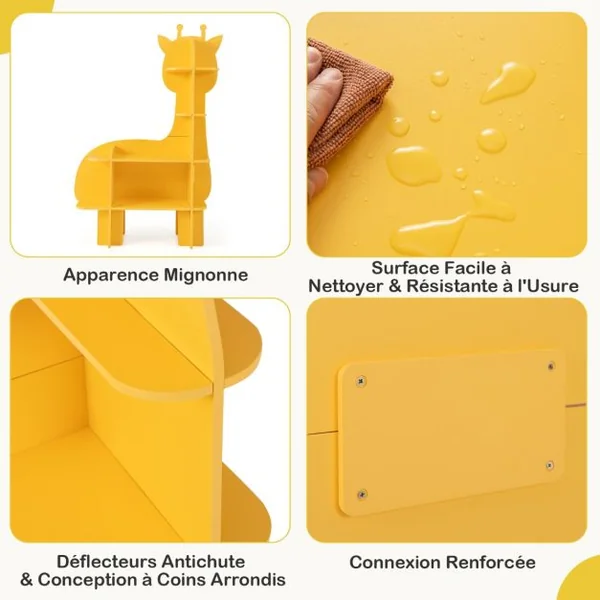 Étagère à Livres à 4 Niveaux en Forme Girafe avec Étagères Ouvertes Bibliothèque avec Dispositif Anti-Basculement pour 3-12 Ans Jaune