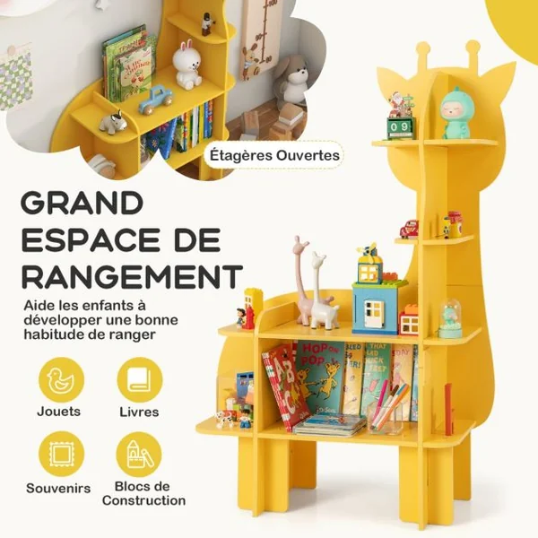 Étagère à Livres à 4 Niveaux en Forme Girafe avec Étagères Ouvertes Bibliothèque avec Dispositif Anti-Basculement pour 3-12 Ans Jaune