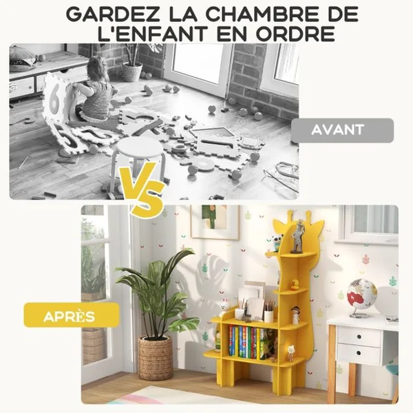 Étagère à Livres à 4 Niveaux en Forme Girafe avec Étagères Ouvertes Bibliothèque avec Dispositif Anti-Basculement pour 3-12 Ans Jaune