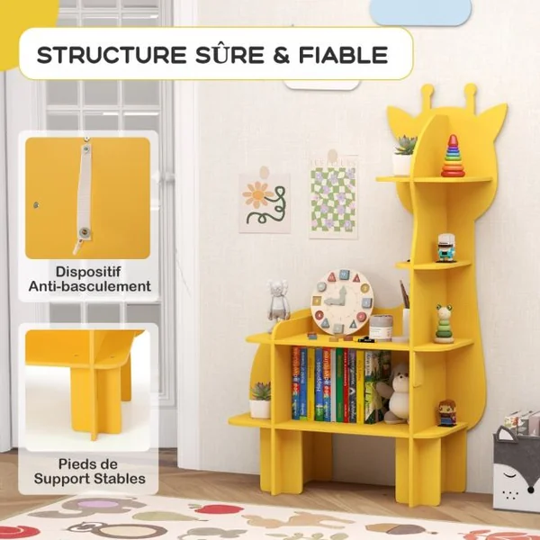 Étagère à Livres à 4 Niveaux en Forme Girafe avec Étagères Ouvertes Bibliothèque avec Dispositif Anti-Basculement pour 3-12 Ans Jaune