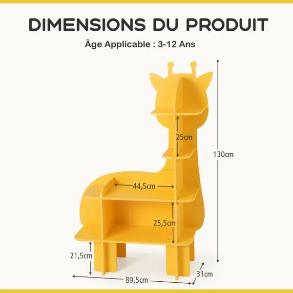 Étagère à Livres à 4 Niveaux en Forme Girafe avec Étagères Ouvertes Bibliothèque avec Dispositif Anti-Basculement pour 3-12 Ans Jaune