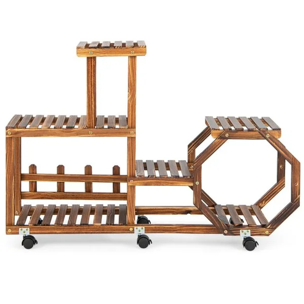 Étagère à Plantes Bois à 6 Niveaux Support Plantes à Roulettes 107 x 29 x 74 cm, Intérieur Extérieur Balcon Jardin