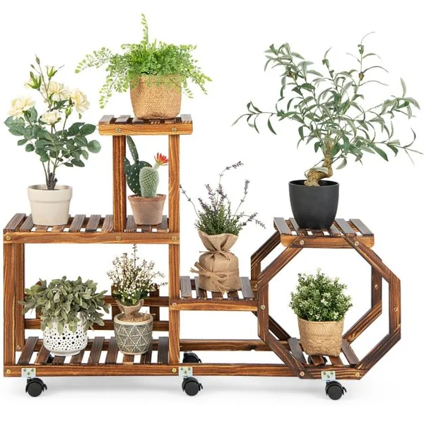 Étagère à Plantes Bois à 6 Niveaux Support Plantes à Roulettes 107 x 29 x 74 cm, Intérieur Extérieur Balcon Jardin