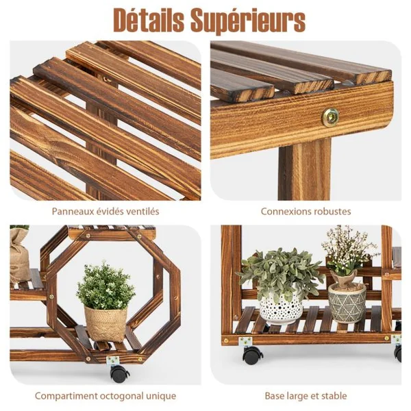 Étagère à Plantes Bois à 6 Niveaux Support Plantes à Roulettes 107 x 29 x 74 cm, Intérieur Extérieur Balcon Jardin