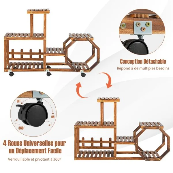 Étagère à Plantes Bois à 6 Niveaux Support Plantes à Roulettes 107 x 29 x 74 cm, Intérieur Extérieur Balcon Jardin