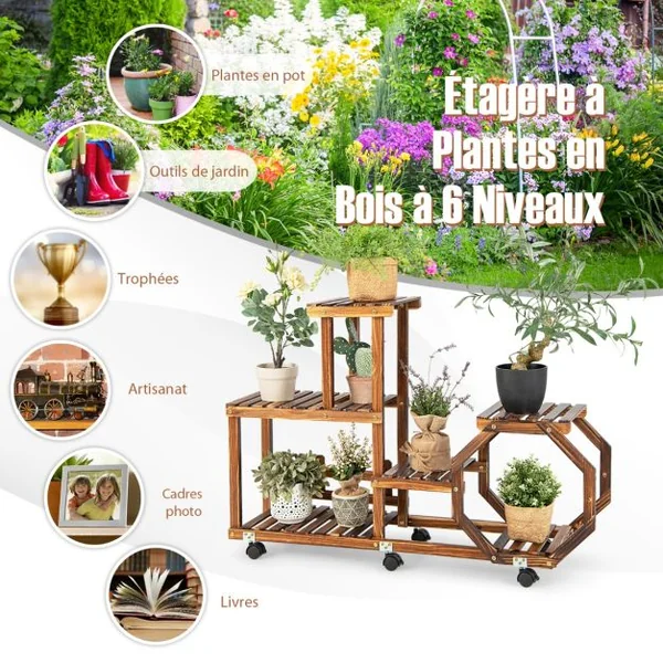 Étagère à Plantes Bois à 6 Niveaux Support Plantes à Roulettes 107 x 29 x 74 cm, Intérieur Extérieur Balcon Jardin
