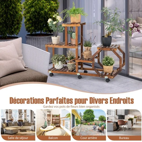 Étagère à Plantes Bois à 6 Niveaux Support Plantes à Roulettes 107 x 29 x 74 cm, Intérieur Extérieur Balcon Jardin