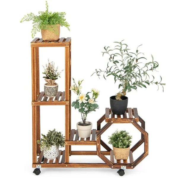 Étagère à Plantes Bois à 6 Niveaux Support Plantes à Roulettes 87,5 x 29 x 103 cm Intérieur Extérieur Balcon Jardin Marron