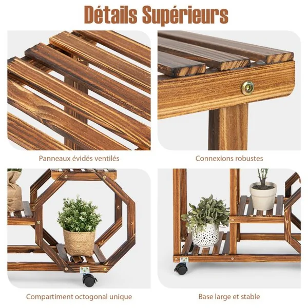 Étagère à Plantes Bois à 6 Niveaux Support Plantes à Roulettes 87,5 x 29 x 103 cm Intérieur Extérieur Balcon Jardin Marron
